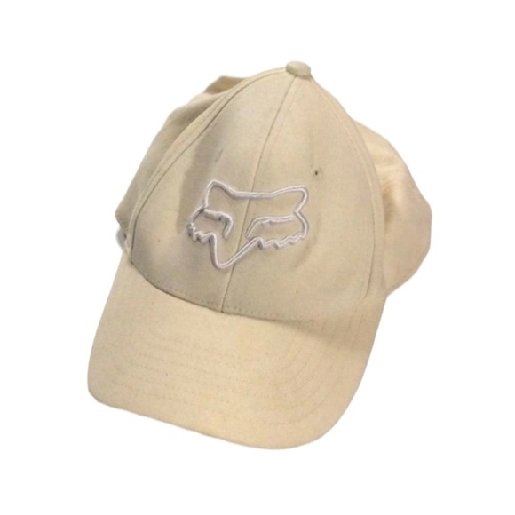 FOX | Beige Elastic Fitted Hat White Logo Stretch Cream Color - Picture 1 of 8